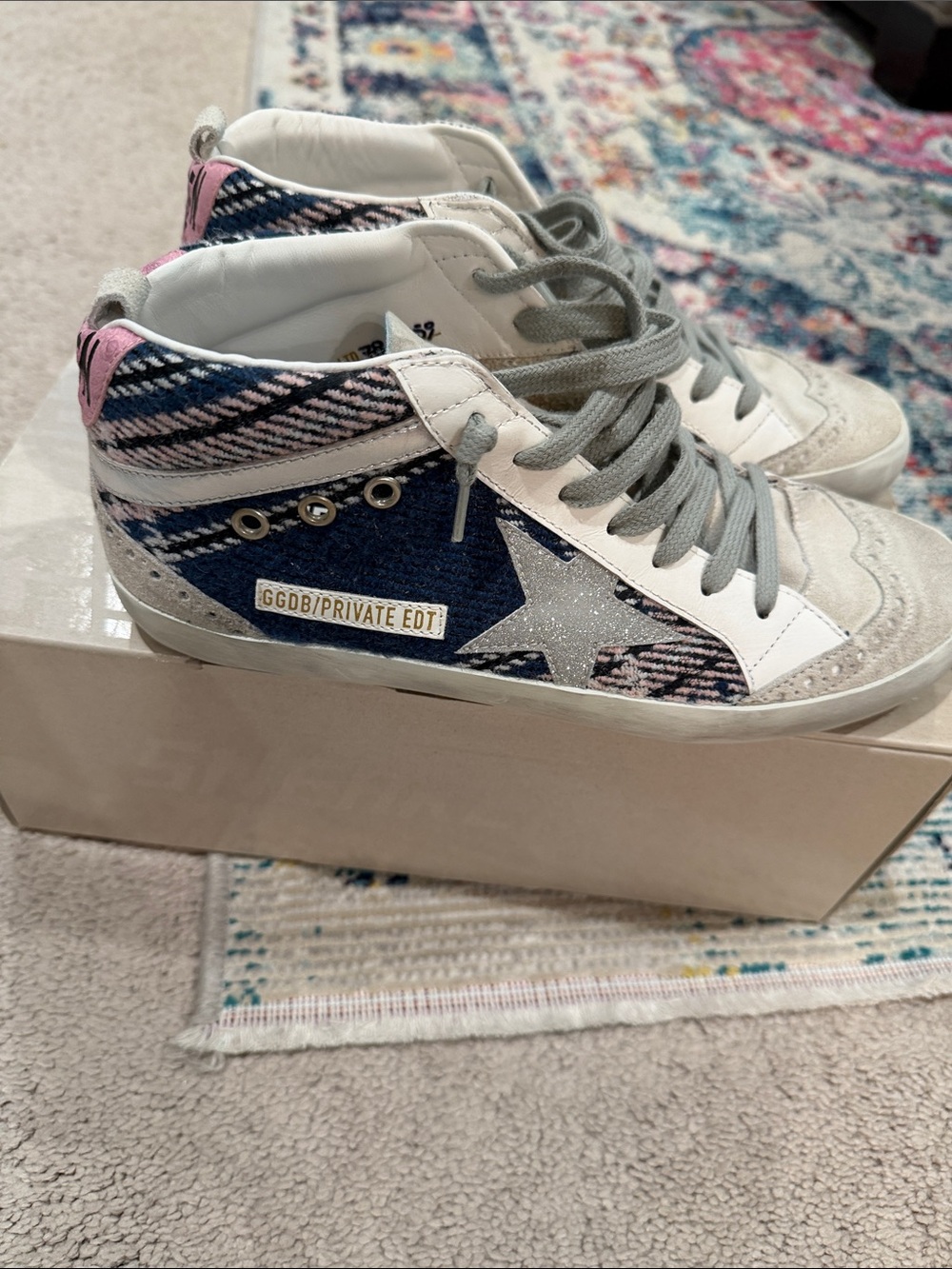 Golden Goose Women's Mid Star Classic Sneakers in Light Gray, White and Blue